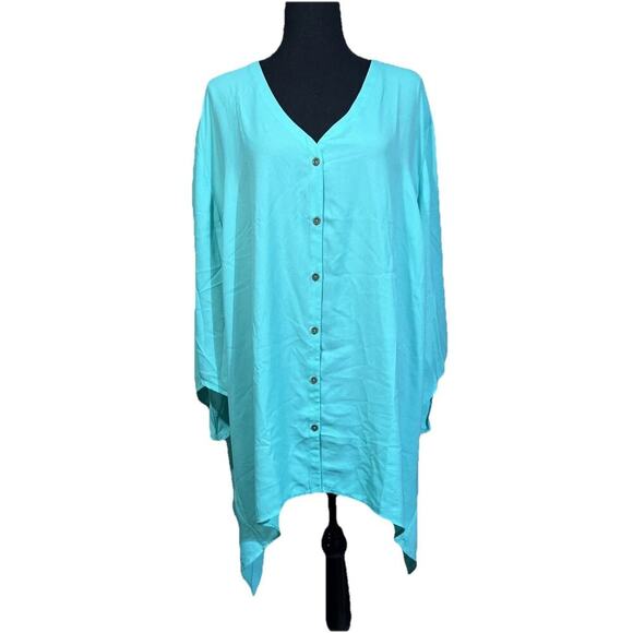 Catherines Button Up Tunic Top Women Size 3X Green SharkBite Hem Flowy - Picture 1 of 11